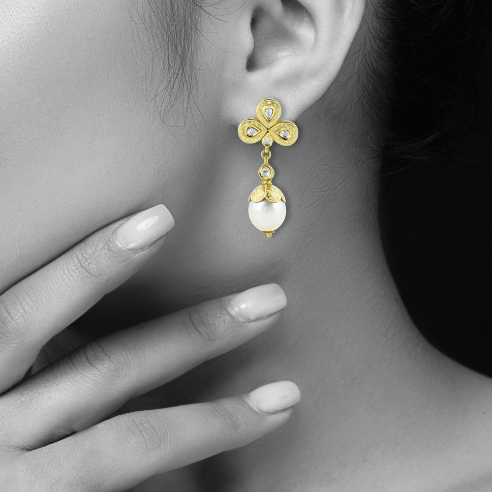 Pearl Necklace Set with Gold Work and Polki Motifs
